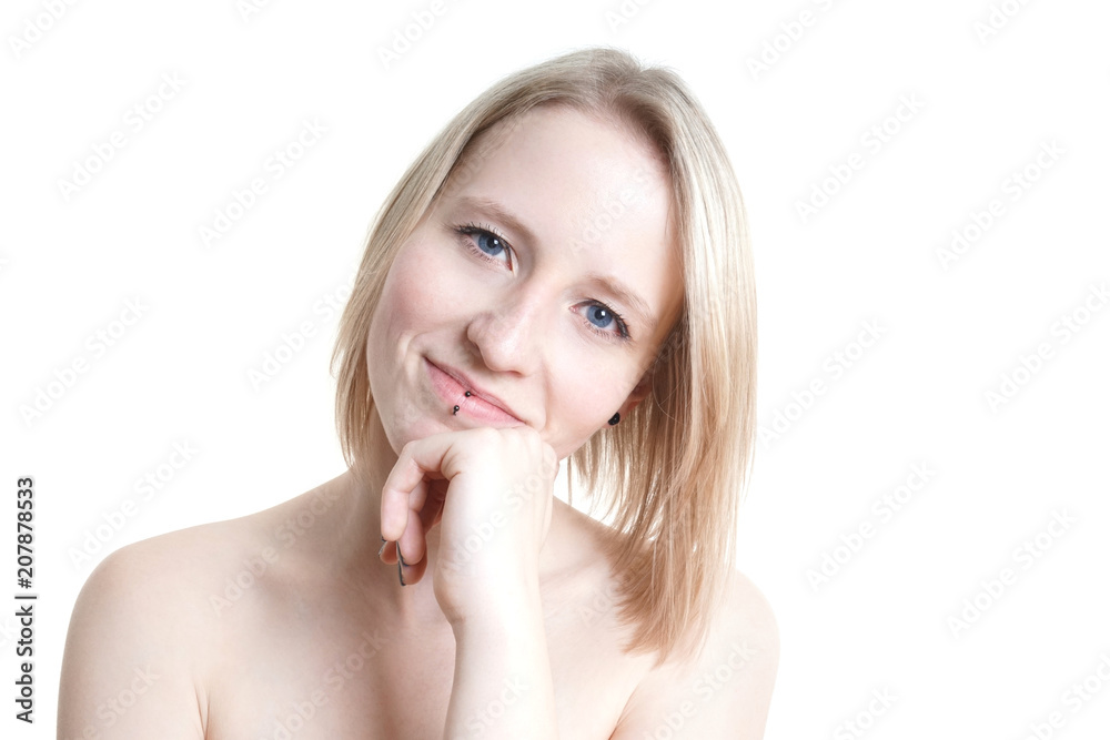 portrait of a blue-eyed blonde young woman with pale skin from Germany isolated on white portrait of a blue-eyed blonde young woman with pale skin from Germany isolated on white