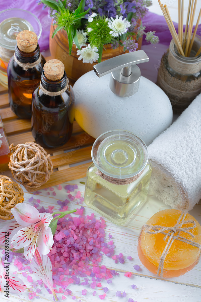 SPA accessories for massage in a composition on a light background