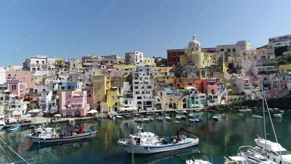 Aerial view of Corriccella fisherman village in Procida, island of the Gulf of Naples, Italy Aerial view of Corriccella fisherman village in Procida, island of the Gulf of Naples, Italy