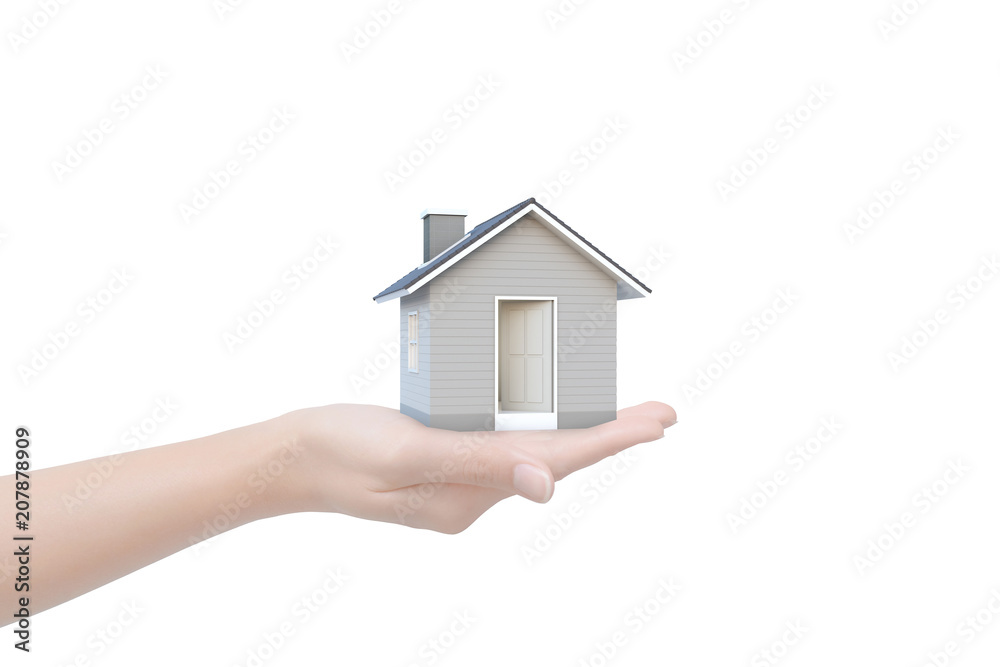 Simple house in human hand isolated on white background with clipping path. Image idea of real estate and property concept. House 3D render. Simple house in human hand isolated on white background with clipping path. Image idea of real estate and property concept. House 3D render.