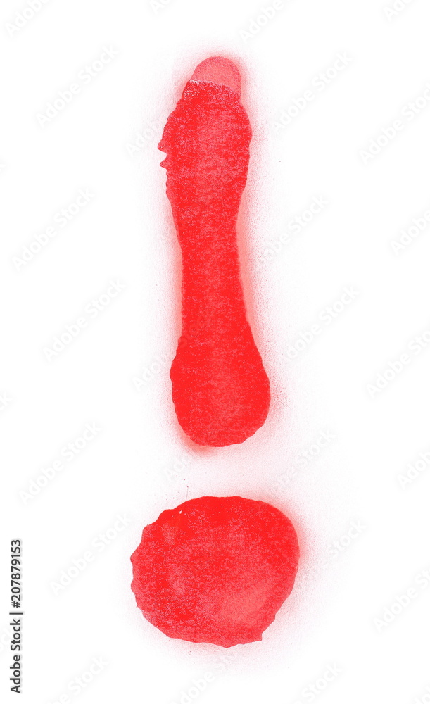 Red spray stain, graffiti exclamation mark isolated on white background