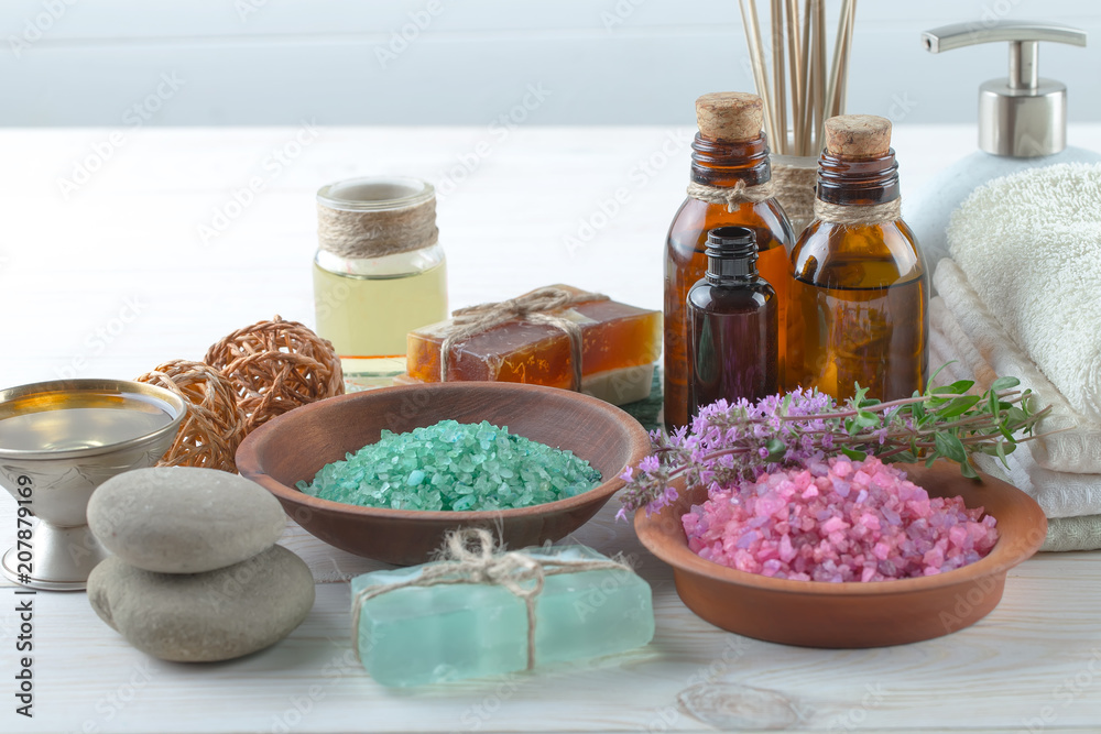 SPA accessories for massage in a composition on a light background SPA accessories for massage in a composition on a light background