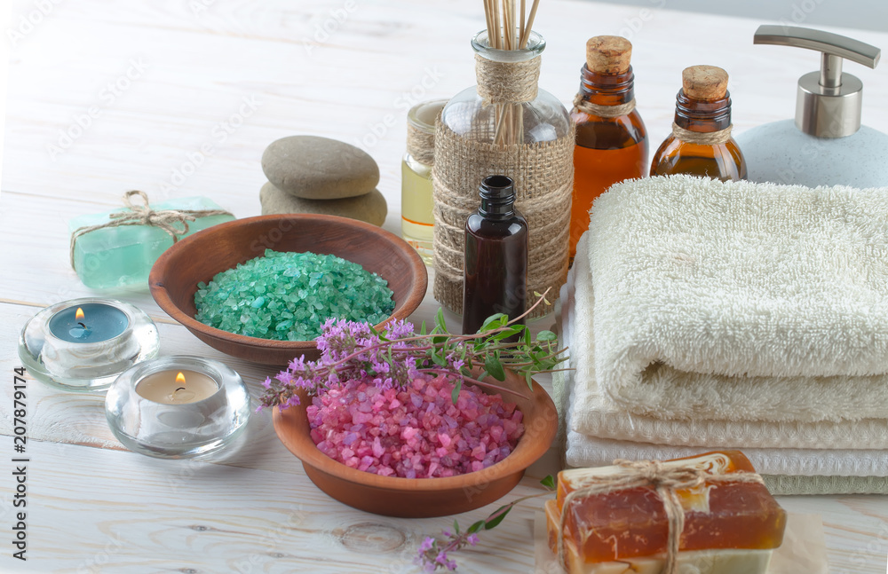 SPA accessories for massage in a composition on a light background SPA accessories for massage in a composition on a light background