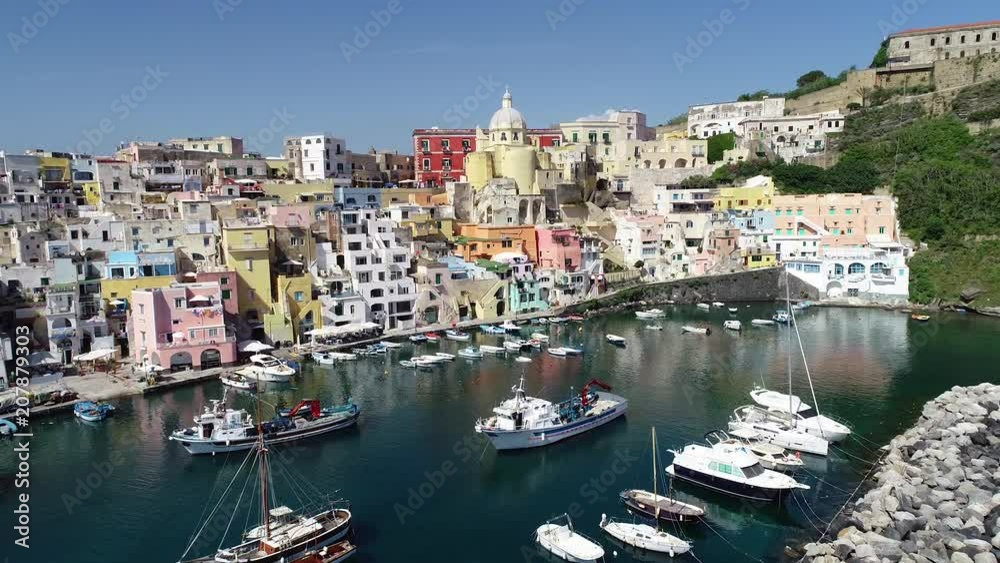Aerial view of Corriccella fisherman village in Procida, island of the Gulf of Naples, Italy