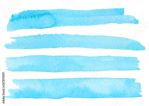 Watercolor blue brush strokes isolated on white background. Set of abstract brush on watercolor paper.