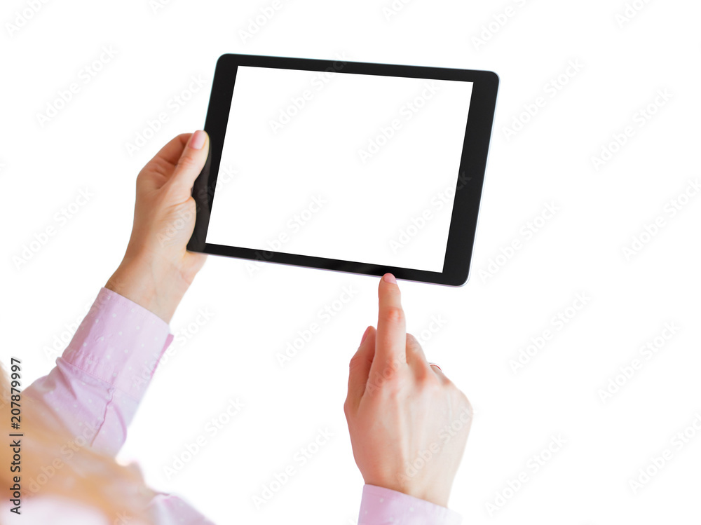 Woman using digital tablet. Mockup for your own app design.