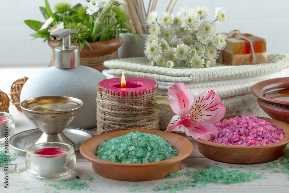 SPA accessories for massage in a composition on a light background SPA accessories for massage in a composition on a light background