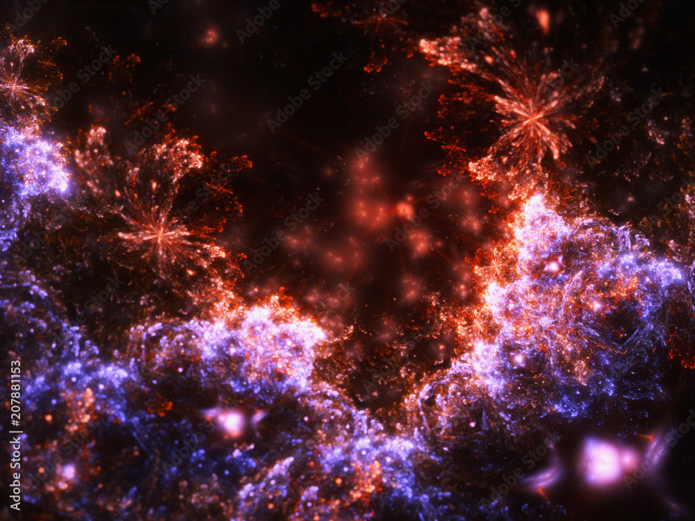 Orange and purple fractal fireworks, digital artwork for creative graphic design