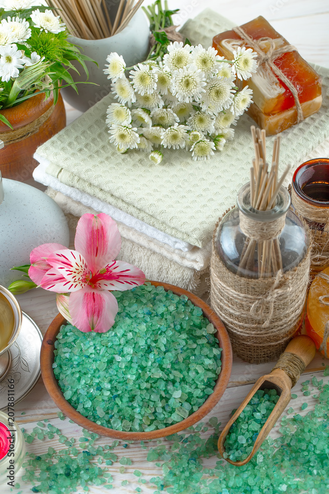 SPA accessories for massage in a composition on a light background SPA accessories for massage in a composition on a light background
