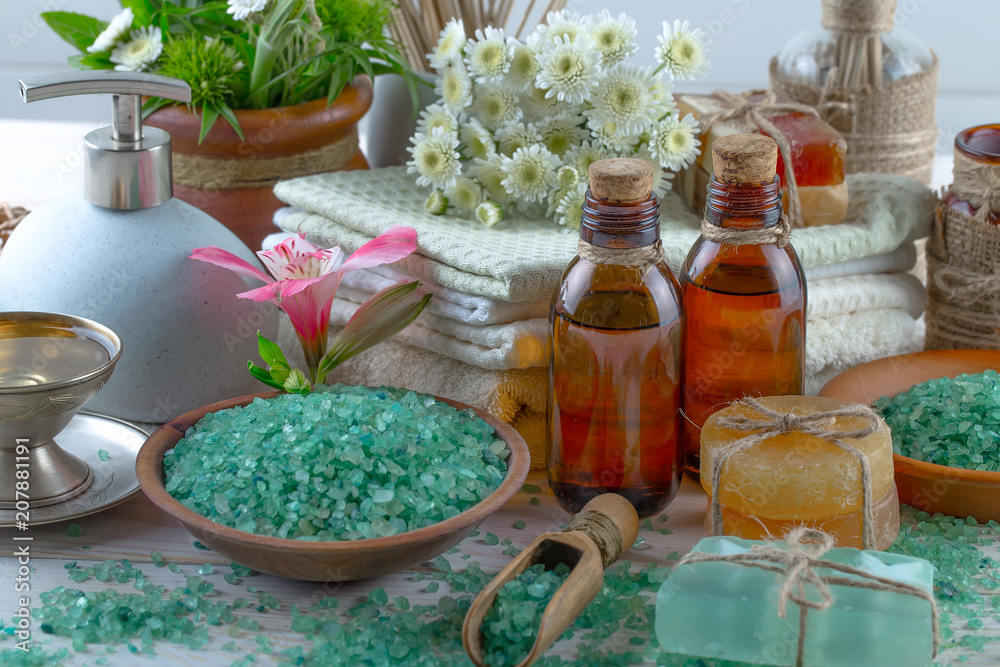 SPA accessories for massage in a composition on a light background SPA accessories for massage in a composition on a light background