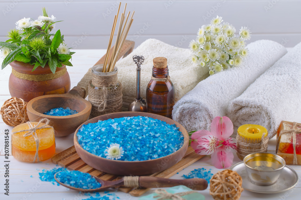SPA accessories for massage in a composition on a light background SPA accessories for massage in a composition on a light background