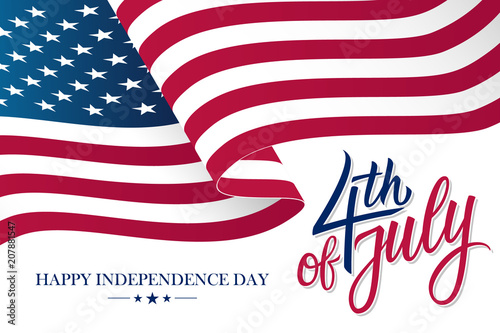Happy 4th of July United States Independence Day celebrate banner with waving american national flag and hand lettering text design. Vector illustration.