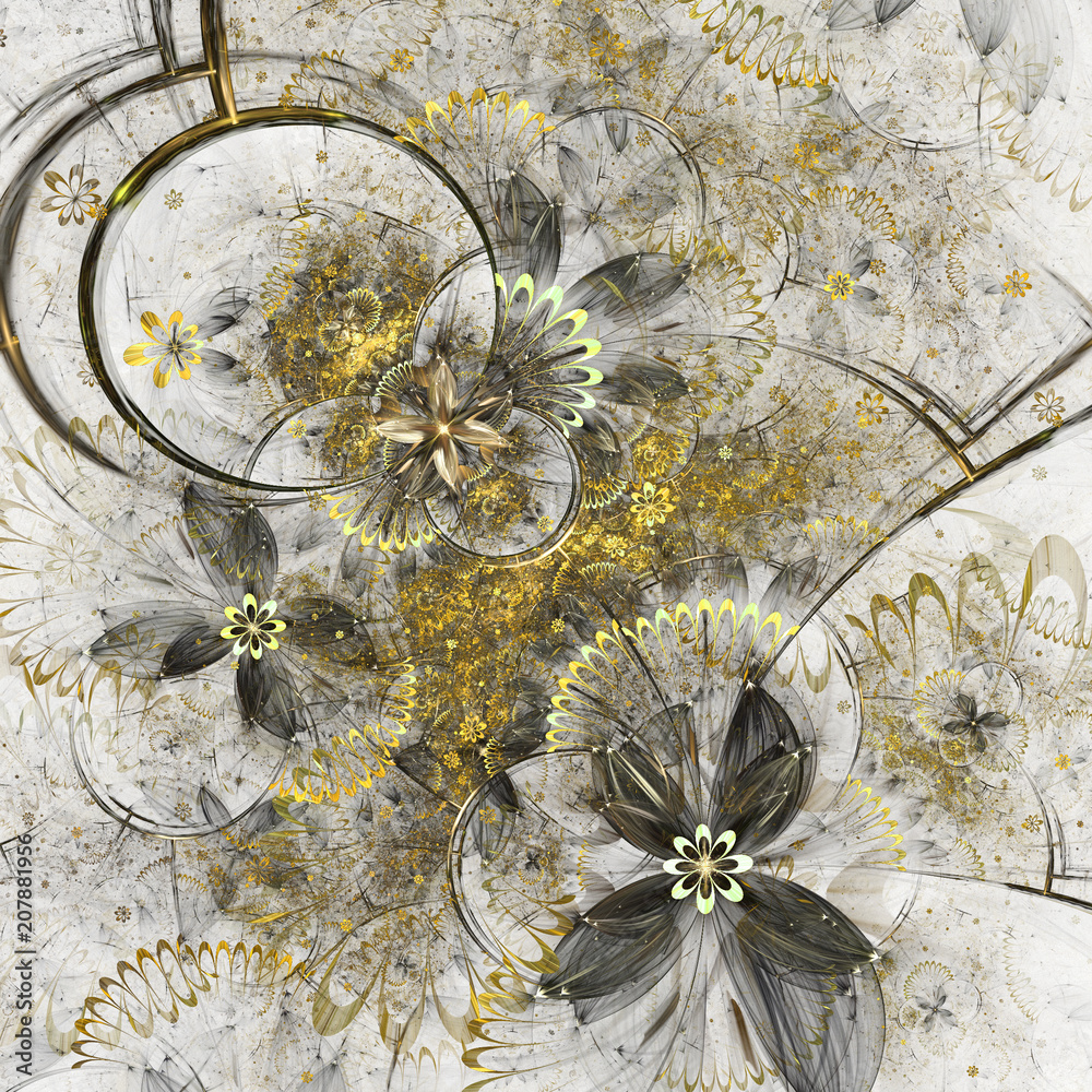 Fototapeta premium Złote fraktale kwiaty, cyfrowe grafiki do kreatywnego projektowania graficznego