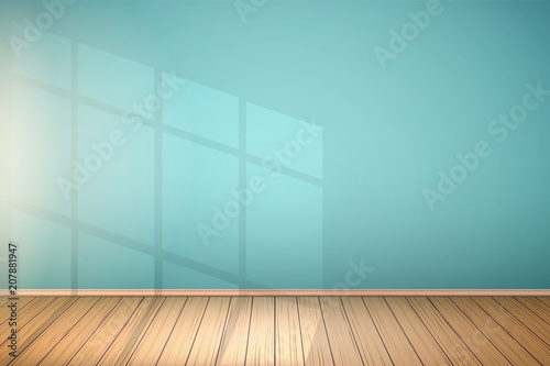 Example of an empty room with blue walls and light from the window. Simple interior without furnish and furniture. Sunlight reflected on the wall. Vector.