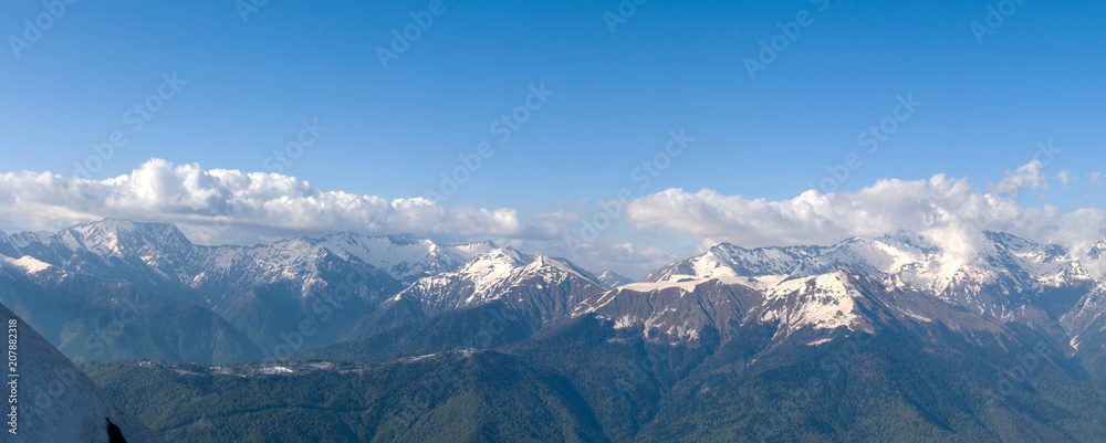 Caucasus mountain range at an altitude of 2320 m in Sochi April 2018 panorama of the left