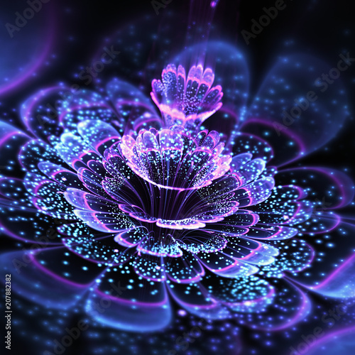 Dark fractal flower with glittering pollen, digital artwork for creative graphic design