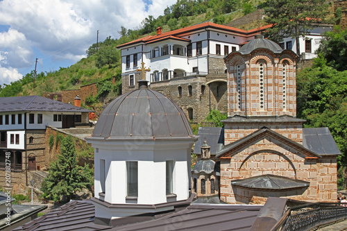 Church of Virgin Mary in a bright sunny day in east orthodox Monastery of St. Joachim of Osogovo, Kriva Palanka, Republic of Macedonia. Church's domes. Christianity. Osogovo Monastery, Macedonia. Sky photo