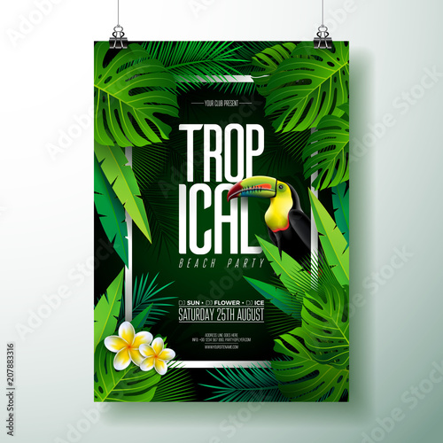 Vector Summer Tropical Beach Party Flyer Design with Toucan, Flower and typographic elements on exotic leaf background. Summer nature floral elements, tropical plants. Design template for banner