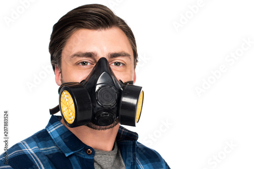 Portrait of young man in respirator isolated on white background