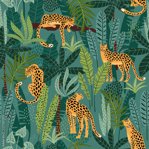 Vestor seamless pattern with leopards and tropical leaves. Fototapet