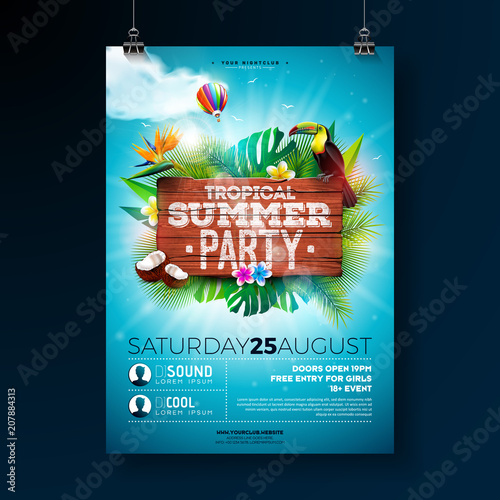 Vector Summer Beach Party Flyer Design with typographic elements on wood texture background. Summer nature floral elements, tropical plants, flower, toucan bird and air balloon with blue cloudy sky