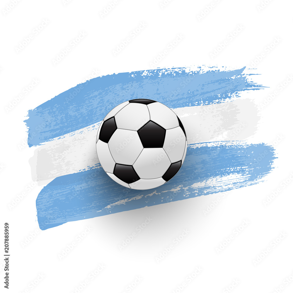 Fototapeta premium Realistic soccer ball on flag of Argentina made of brush strokes. Vector design element.