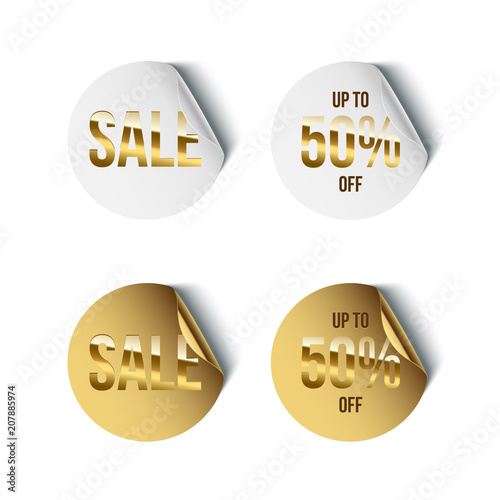 Set of round white and golden badges with golden Sale word and Up To 50% Off text isolated on white background. Vector promotion design elements.