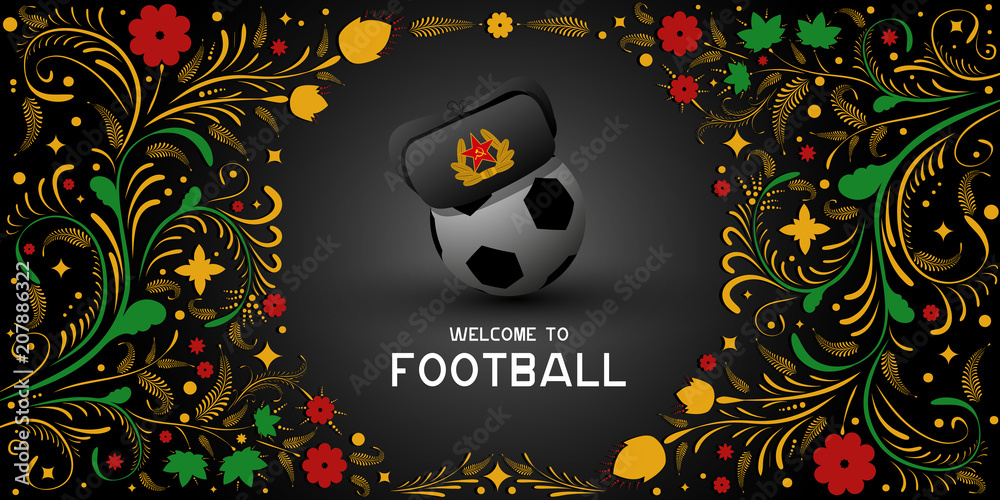 Fototapeta premium Background on Football in Russia. Hat earflaps on the ball. Russian pattern background. Football in Russia in 2018. Football championship.