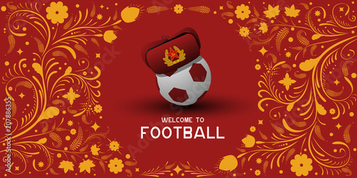 Background on Football in Russia. Hat earflaps on the ball. Russian pattern background. Football in Russia in 2018. Football championship.