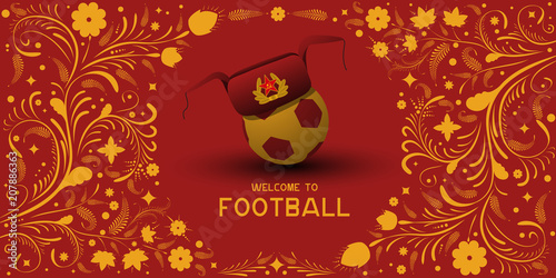 Background on Football in Russia. Hat earflaps on the ball. Russian pattern background. Football in Russia in 2018. Football championship.