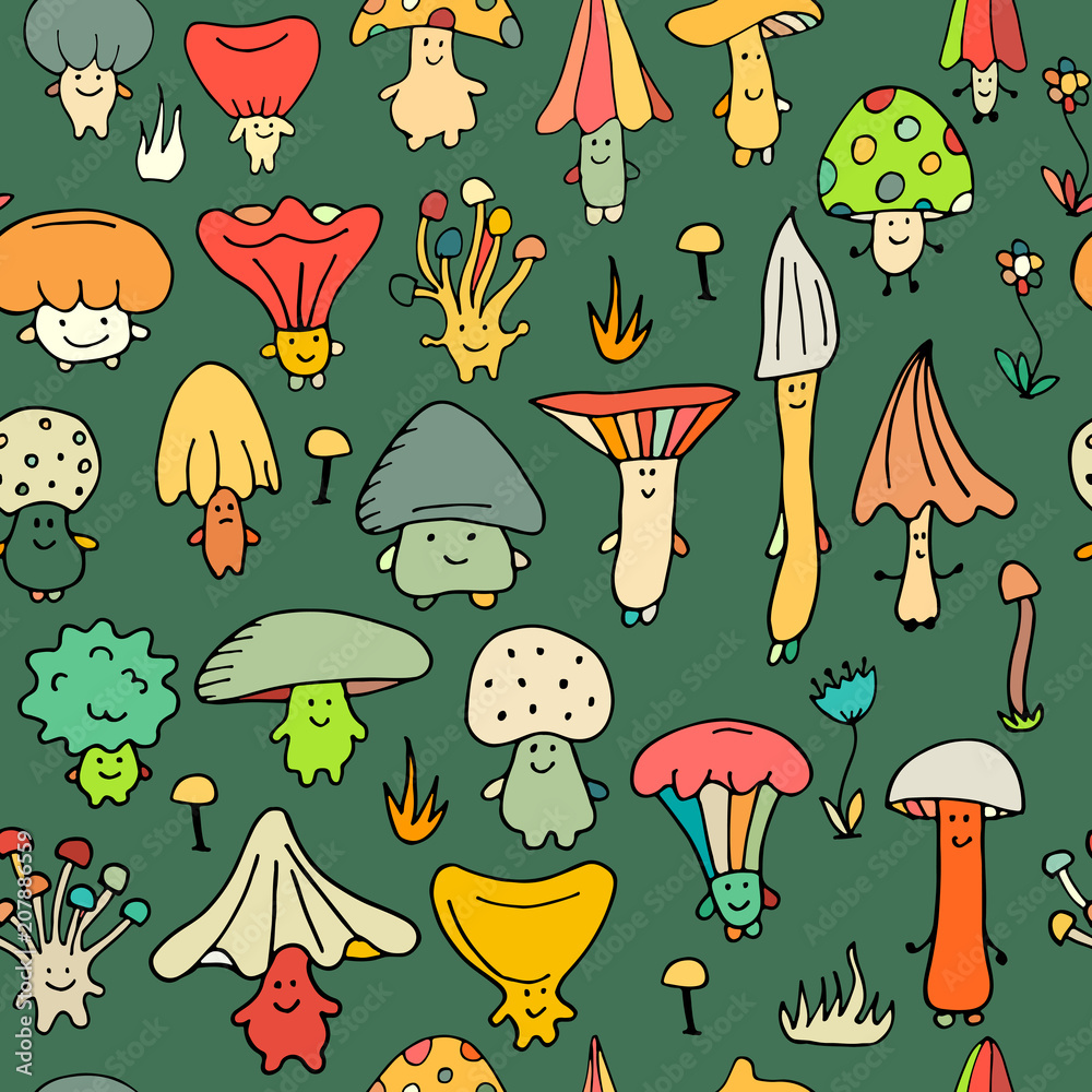 Smiling mushrooms, seamless pattern for your design