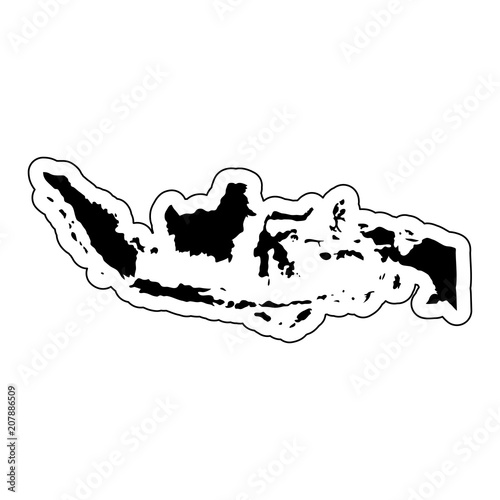 Black silhouette of the country Indonesia with the contour line or frame. Effect of stickers, tag and label. Vector illustration.