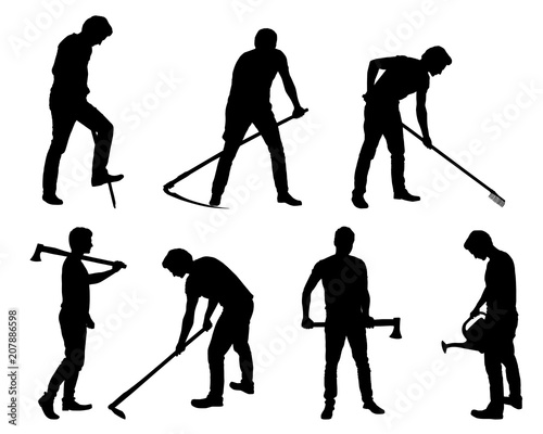 Set silhouette of young man - gardener or farmer with tools in different poses