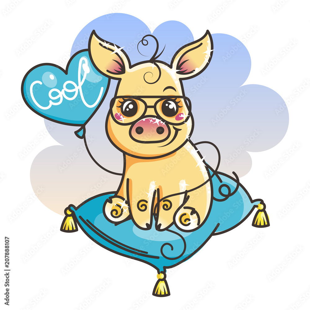 Cute cartoon golden baby pig in a cool sunglasses Cute cartoon golden baby pig in a cool sunglasses