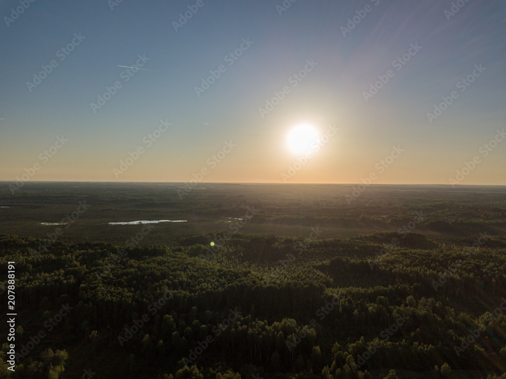 drone image. aerial view of rural sunset with long shadows
