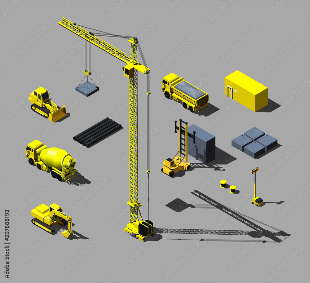 Construction vehicles and objects. Vector isometric illustration Construction vehicles and objects. Vector isometric illustration