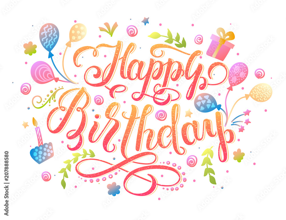Happy Birthday lettering design for greeting card decorated hand drawn candle, cake and gift box. Birthday handwritten inscription, vector illustration.