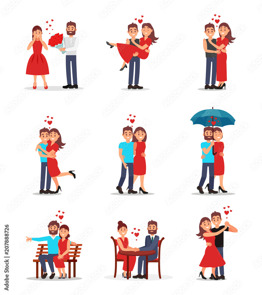 Flat vector set of romantic couples in different actions. Cartoon characters of young men and women on the dates