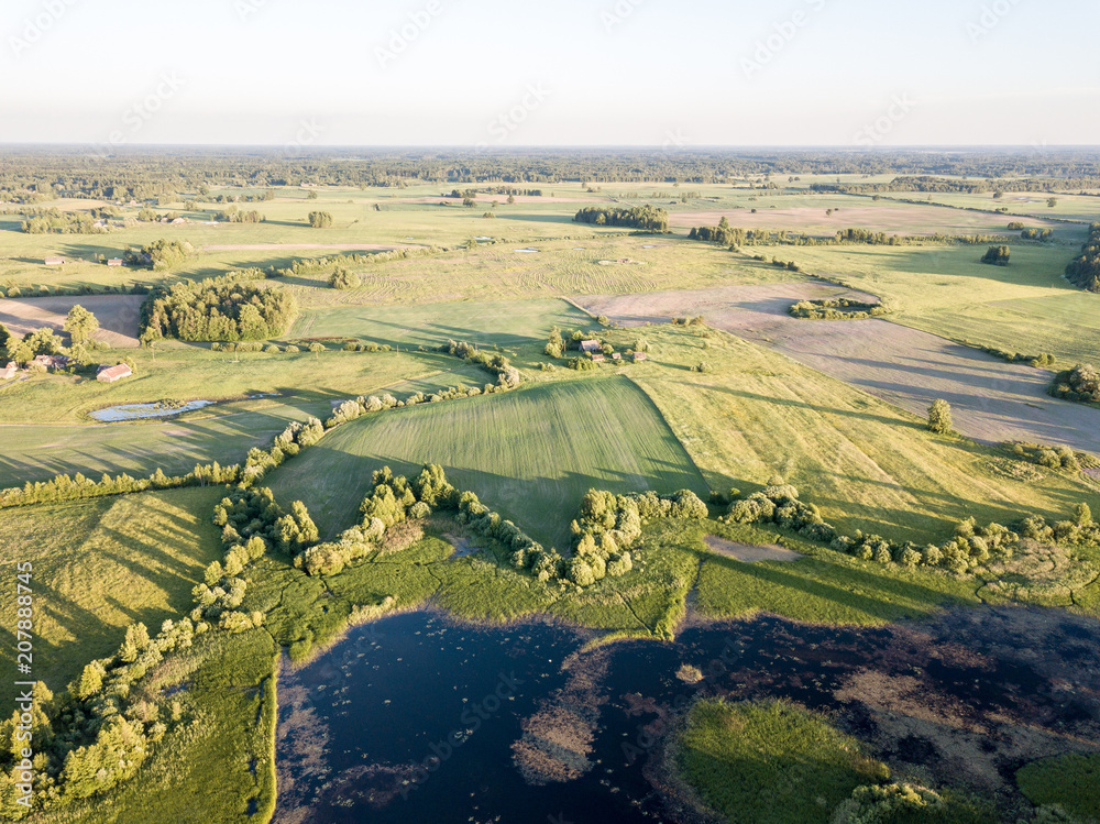 drone image. aerial view of rural area with fields and roads
