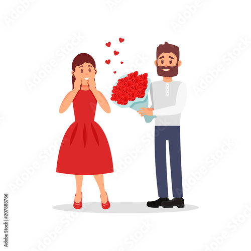 Guy giving flowers to his girlfriend. Young woman in dress, bearded man in shirt and pants. Couple of lovers. Flat vector design
