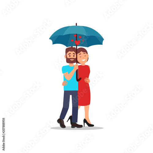 Flat vector icon of lovely couple walking in embrace. Man holding blue umbrella. Beautiful young girl and bearded guy on the date
