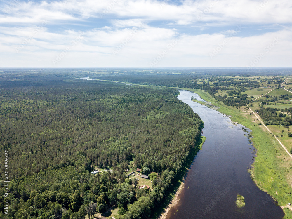 drone image. aerial view of Daugava river, largest in Latvia