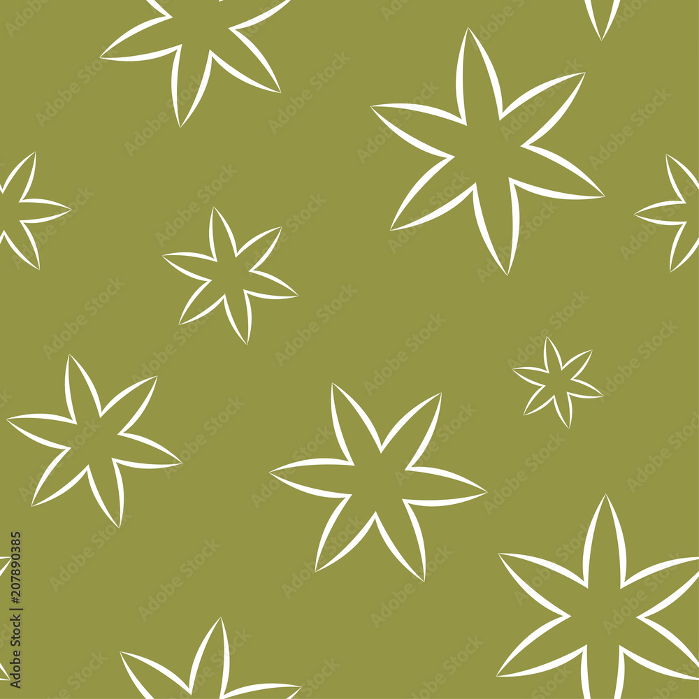 White floral seamless pattern on olive green background