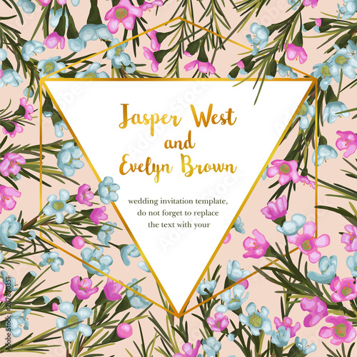 Vector design floral flower card. Natural botanical triangle golden geometric Frame: Pink and blue wax flowers with green leaves  vector decorative composition. Wedding invite