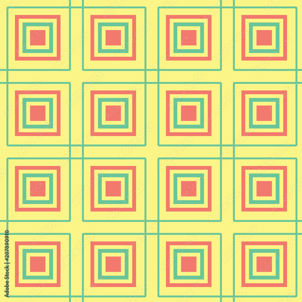 Seamless pattern with geometric green and pink elements. Yellow multi colored background Seamless pattern with geometric green and pink elements. Yellow multi colored background