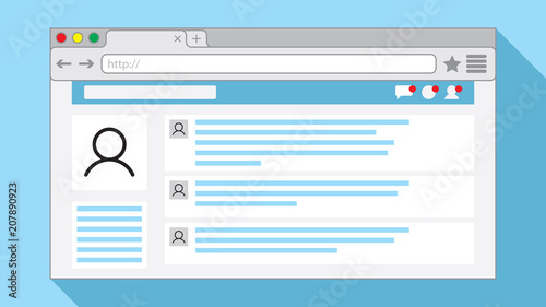 Internet browser window with an open social network web page on light blue background