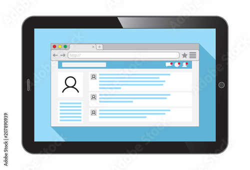 Vector realistic tablet  PC. Internet browser window with an open social network web page on light blue background