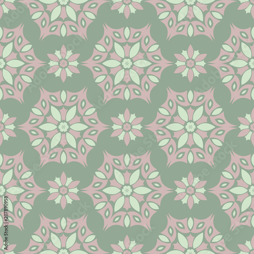 Floral seamless pattern. Olive green background with pale pink flower elements