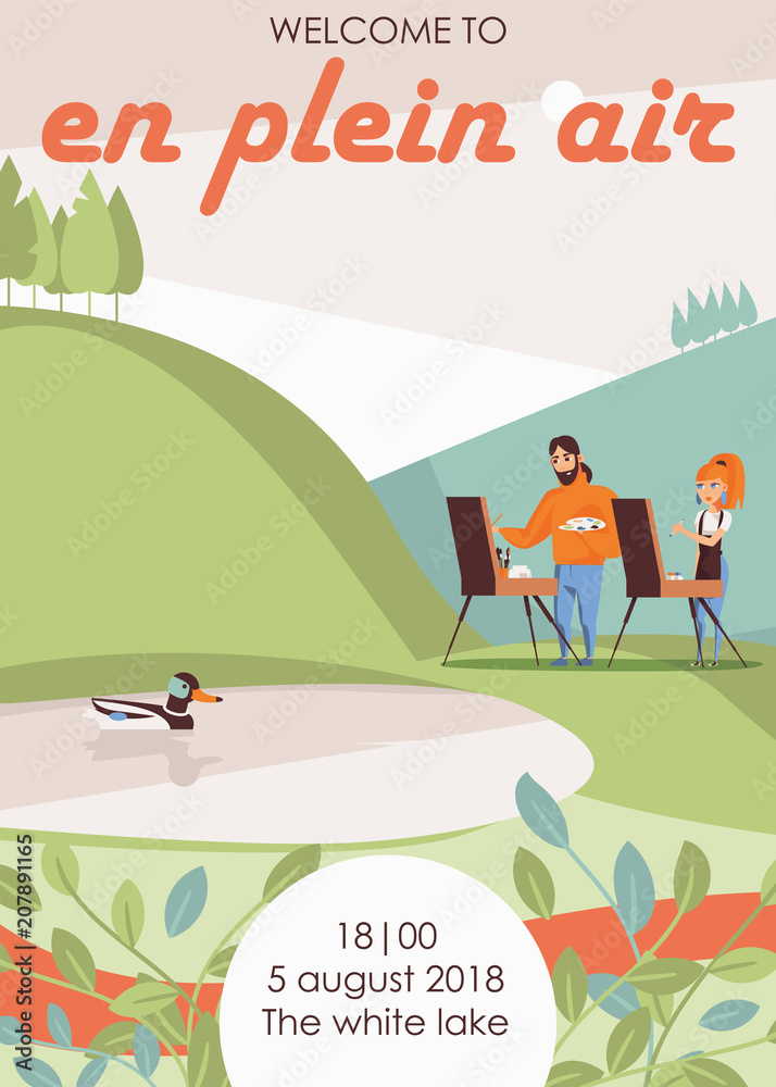 Vector flyer or poster template for en plein air artist outdoor painting. Hills and lake with duck, two artists drawing with easel and ink. Vertical composition Vector flyer or poster template for en plein air artist outdoor painting. Hills and lake with duck, two artists drawing with easel and ink. Vertical composition