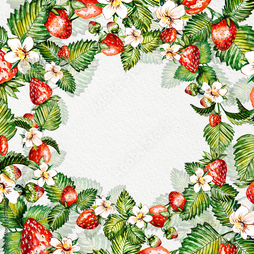 Watercolor floral background with strawberries. Summer card with copy space. Frame with watercolor strawberries. Hand painted background.